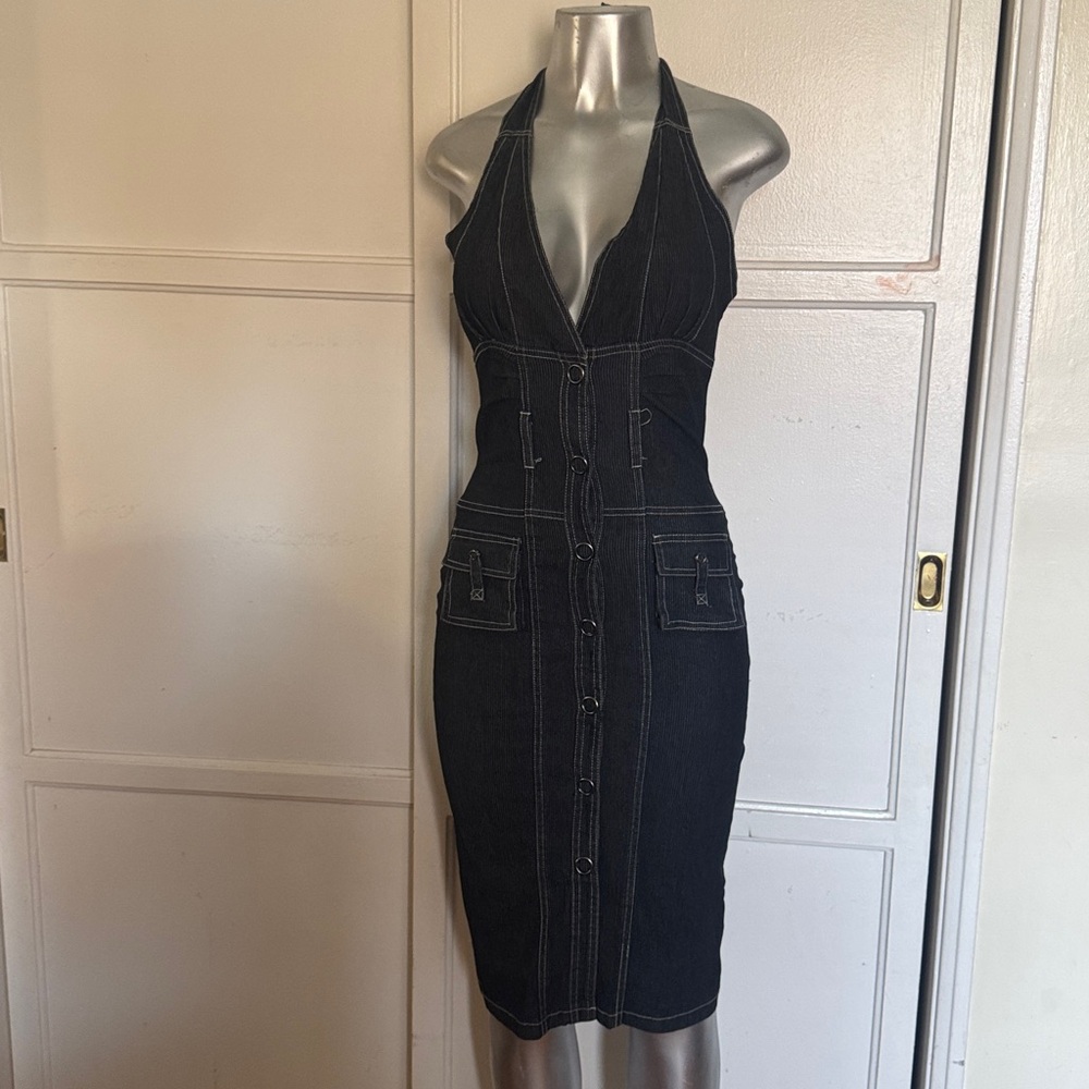 S-Twelve Black Denim Halter Dress S